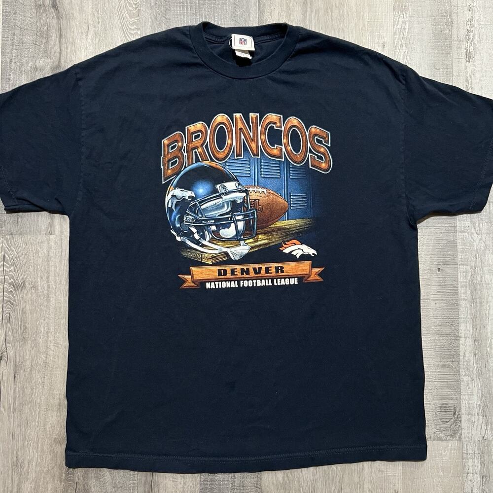 VTG Denver Broncos Big Graphic NFL Football T Shirt Blue Sportswear Y2K Sz 2XL